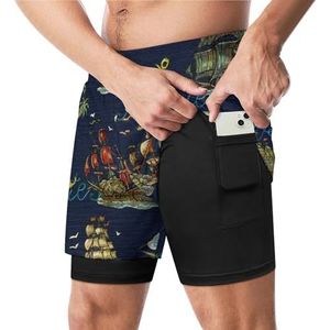 Piratenavonturen, oude zeilboten, anker, grappige zwembroek met compressieliner en zak voor heren, boardzwembroek, sportshorts