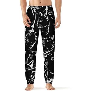 Kat gezicht op zwarte heren pyjama broek zachte lange pyjama broek elastische nachtkleding broek 3XL