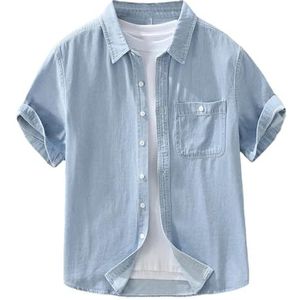 Dvbfufv Heren Japans Vintage Denim Shirt Zomer Korte Mouw Katoen Gewassen Casual Shirts Losse Veelzijdige Boheemse Tops, Lichtblauw, M