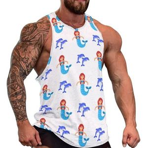 Zeemeermin en Doplin tanktop voor heren, grafische mouwloze bodybuilding-T-shirts, casual strandshirt, grappige sportschool-spieren