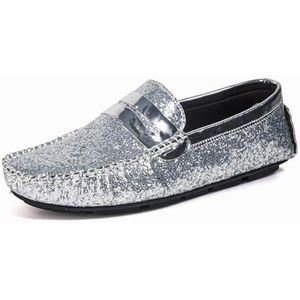 Kanggrei Loafers for heren Veganistisch leer Glanzende instappers Penny Driving Loafers Antislip platte hak Wandelen buiten (Color : Silver, Size : 44 EU)