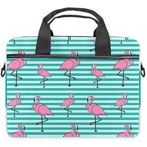 Roze Flamingo Patroon Blauwe Strepen Laptop Schouder Messenger Bag Crossbody Aktetas Messenger Sleeve voor 13 13.3 14.5 Inch Laptop Tablet Beschermen Tote Bag Case, Meerkleurig, 11x14.5x1.2in /28x36.8x3 cm