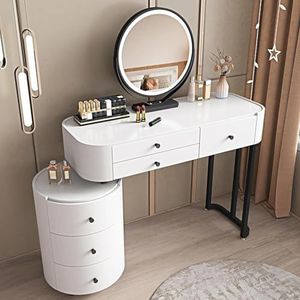 WOLTU Make-uptafel met ledverlichting, ronde spiegel, kaptafel met 3 laden van hout, 1 verstelbare zijtafel, 97,5 x 123 x 39 cm, wit en zwart, MB6115ws