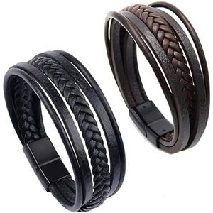 2Pcs Herenarmband, Lederen Armband voor Heren,Handgeweven Meerlaagse Leren Armband voor Heren, Magneetsluiting van Roestvrij Staal, Leuk Cadeau-Idee voor Vriend, Vader, Getuige of Echtgenoot(20cm)