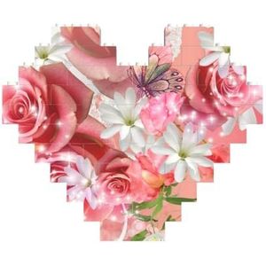 Roze rozen en vlinder gedrukt bouwstenen blok puzzel hartvormige foto DIY bouwsteen puzzel gepersonaliseerde liefde baksteen puzzels voor hem, voor haar, voor geliefden