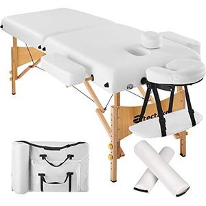 tectake® Opvouwbare Massagetafel - 2 Zones - Inklapbare Behandeltafel van Hout - Massagebank met 7,5 cm Vulling - Mobiele Massage Tafel - Hoofd- en Armleuning - Met 2 Massagegrollen en Draagtas - Wit