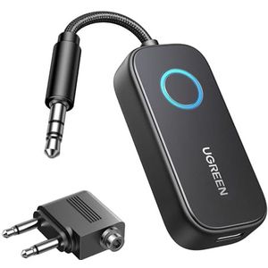 UGREEN Vliegtuigen Bluetooth 5.2 Zender met Extra Dual 3,5 mm AUX Adapter, Bluetooth Adapter voor twee koptelefoons, zoals Airpods, 2 in 1 zender ontvanger compatibel met TV, Stereo Systeem
