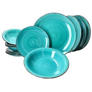 MamboCat Uni Turquoise 12-delige bordenset I 4 personen I aardewerk servies in blauw-groen I platte borden, soepborden & taartborden met strudel-decor I tafelcouvert I borden diep & borden plat I