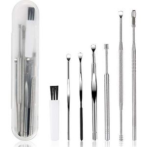 7 Stks Ear Pick Oorsmeer Removal Kit, BetyBedy Oor Reiniging Tool Set, Oor Curette Oor Wax Remover Tool met Reinigingsborstel en Opbergdoos, Sliver