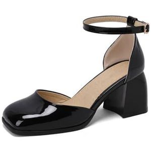 WOkismD 7CM Vrouwen Platform Slingback Hoge Hakken Dames Vierkante Neus Pomp Schoenen, Zwart, 39.5 EU