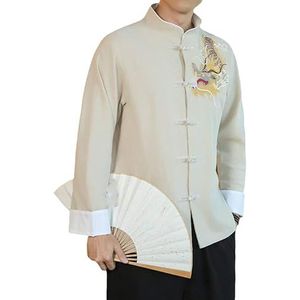 Chinoiserie Tops Traditionele Chinese Hanfu Tang Pak Draak Borduurwerk Shirt Losse Voor Mannen Kleding Vintage Lange Mouw, Linnen Beige, L