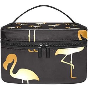 Make-up Organizer Bag, Reizen Make-up Tas Organizer Case Draagbare Cosmetische Tas voor Vrouwen en Meisjes Toiletartikelen Gouden Flamingo op Zwarte Bbackground, Meerkleurig, 22.5x15x13.8cm/8.9x5.9x5.4in
