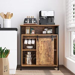 SogesHome Buffets Sidekast, keukenkast met schuifdeur, sideboard met 3 open vakken voor opslag voor keuken, woonkamer, vintage bruin, 70 x 30 x 80 cm