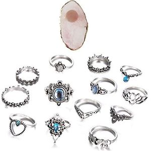 Soulnioi Kroon Sterrensteen 13-delige Combinatie Ring Set Saffier/Blauw Kristal/Kroon/Schildpad Vrouwen Joint Band Ring en Roze Crystal Nail Art Palet