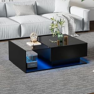 boorbin Hoogglans zwarte salontafel 100x50x32 cm - met glasplaat en laden, krasbestendig, met 1 lade, met LED-verlichting, moderne stijl (zwart, 100x50x32 cm)