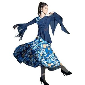 Yhsgscr Ballroom trainingsoutfit met trompetmouwen Dames V hals Waltz Big Swing rok Flamenco foxtrot dansjurk met print Lotus Leaf Swing Social danskleding,Blauw,L