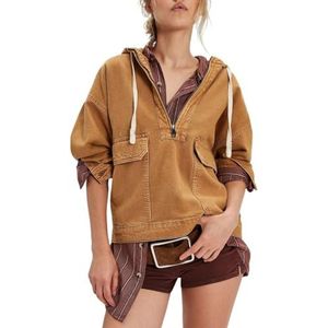 QOUERUUE Vrouwen Casual Denim Hoodie Pullover Tops Lange Mouw Losse Fit Half Zip Jean Hooded Sweatshirt, Kaki, L