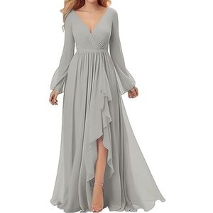 KURFACE Dames V-hals chiffon bruidsmeisjes jurken met split lange mouwen formele jurk vloerlengte bruiloft feestjurk, Zilver, 32