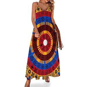 Afrikaanse Adinkra Sling Maxi-jurken voor dames, V-hals, casual, mouwloos, verstelbare riem, sexy lange jurk