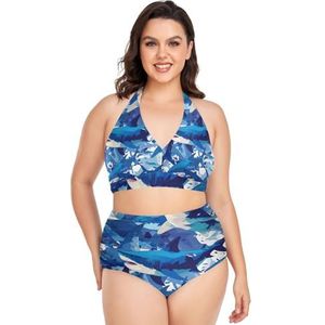Boze Blauwe Zee Haai Vis Vrouwen Bikini Sets Plus Size Badpak Twee Stukken Hoge Taille Strandkleding Meisjes Badpakken, Pop Fashon, 4XL