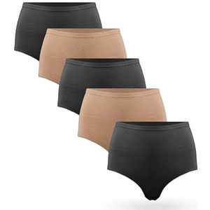 Dames Basic Tailleslip 5-pack. 100% Katoen Hoge Taille (40-58) Heupslip Hoge Panty Multipack Maxislip, zwart/beige, 52-54