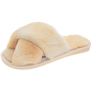 Harige zachte pluche platte sandalen ademend cross band warm lichtgewicht huis slipper antislip fuzzy comfortabel, Geel 1, One Size