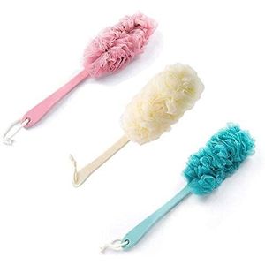 3 stuks badborstel met spons en lange handgreep van kunststof achterkant mesh badsponsborstel voor badkameraccessoires voor dames en heren (roze, wit, blauw)