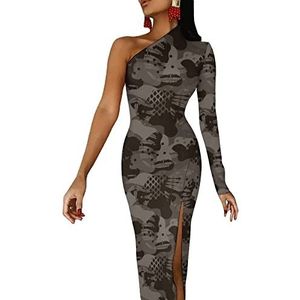 Camouflage Leger Bruin Jacht Dames Halve Mouw Jurk Avondfeest Lange Jurken Cocktail Split Bodycon Jurk L