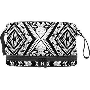 Dubbellaags Cosmetische Tas Zwart en Wit Tribal Draagbare Make-up Tas Reizen Organizer Pouch Voor Vrouwen Meisjes Toiletries Tassen, Meerkleurig, 27x15x14 cm/10.6x5.9x5.5 in, Make-up zakje
