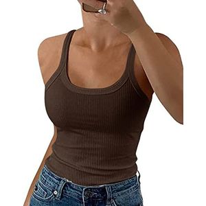 GEMBERA Vrouwen Spaghettiband Ronde Hals Geribbelde Tanktops Slank Getailleerd Katoenen Hemdje Basic Mouwloze Gelaagde Shirts, Bruin, XL