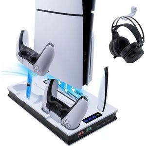 Wigearss Verticaal PS5 Slim Ventilator-stand-koelstation met dubbele controlleroplader voor PS5/PS5 Slim/PS5 PRO UHD/Digital Edition