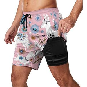 Leuke Alpaca Llama Zwembroek voor heren, sneldrogend, 2-in-1 strandsportshorts met compressieliner en zak