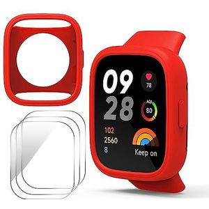 GIOPUEY Siliconen hoesje compatibel met Xiaomi Redmi Watch 3, met 3 stuks schermbeschermer Flim, zachte TPU siliconen beschermhoes, Xiaomi Redmi Watch 3 hoesje - rood