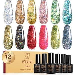 ROSALIND Uv-nagellak, glitter, 12 kleuren, glitter, zilver, bruin, goud, roze, groen, blauw, rood, roze, gelnagelset, soak-off mini-uv-kleurgel, gelnagels voor nageldesign, gel, nagellak, manicure
