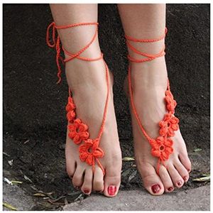 Enkelband/Enkelbanden Katoen Hand Gehaakte Barefoot Gehaakte Enkelband - Gehaakte Barefoot Sandalen Enkelbandjes (Kleur: Oranje Rood)