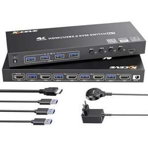 Camgeet KVM Switch 4 PC 1 Monitor HDMI Simulatie EDID, 4K @60Hz, USB 3.0 KVM Switch HDMI 4 Port voor 4 PC Delen 1 Monitor en 4 USB 3.0 apparaten, met bedrade afstandsbediening, 5 kabels en 12V voeding