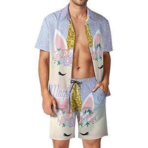 Leuke eenhoorn - Magic Time Hawaiiaanse bijpassende set voor heren, 2-delige outfits, button-down shirts en shorts voor strandvakantie