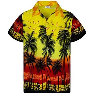 King Kameha Funky Hawaïhemd voor heren, korte mouwen, voorzak, Hawaii-print, strandpalmenprint, Beach geel, L