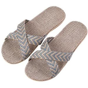 SUBLXPoten Stropantoffels voor vrouwen, stro-pantoffels, zomer, gekruist vlas, pantoffels, vrouwen, huislinnen pantoffel, platte strandsandalen, comfortabel, indoor, casual, Grijs, 42-43