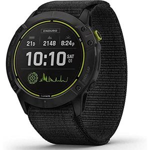 Garmin Enduro, Ultraperformance Multisport-GPS-polshorloge met zonne-oplaadfuncties, batterijduur tot 80 uur in GPS-modus, Carbon Gray DLC titanium met zwarte UltraFit nylon band