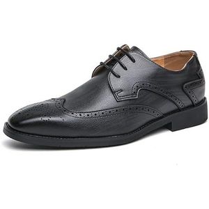 Formele herenschoenen met veters, vierkante neus, brogue, reliëf vleugeltips, derbyschoenen, veganistisch leer, antislip, antislip rubberen zool, bruiloft (Color : Black, Size : 45 EU)