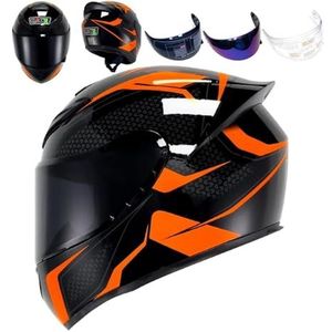 Volledige gezichtsmotorhelm, racemotorcrosshelm, compatibel met helder getint vizier, DOT-typegoedgekeurde straatfietshelm (M)(Orange Block,Medium)