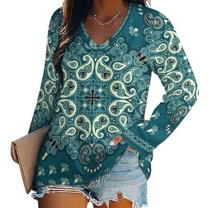 Paisley Bandana Print Dames Casual Lange Mouw T-shirts V-hals Gedrukt Grafische Blouses Tee Tops 3XL