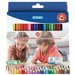 Stylex 26004 Kleurpotloden voor kinderen in ergonomische driehoekige vorm, 24 stuks in verschillende kleuren, houtvrij gelakt, in kartonnen etui