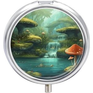 Ronde metalen pillendoos, uitzicht op fantasie rivier paddestoel bedrukte reispillenorganisator, draagbare pillencontainer, kleine pillendoos voor portemonnee en zak voor het bewaren van vitamines,