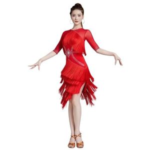 Tytyozay Latijns-Amerikaanse dansjurk voor dames, elegante balzaaljurk met franjes en strasssteentjes modieuze driekwartmouw performance-outfit voor Samba Rumba Cha Cha Tango,Rood,L