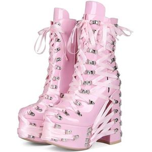 AEXET Vrouwen Platform Hoge Hakken Schoenen, Chunky Heels Gesp Bandjes Mid Kuit Laarzen, Rits Lace Up Lakleer Enkellaarzen, Roze, 14.5cm, roze, 37 EU