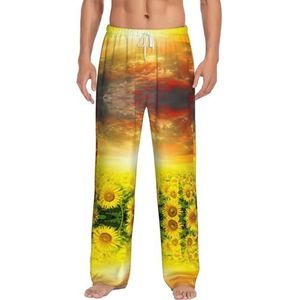 Dromerige zonsondergang van een zonnebloemveld voor heren, lange loungekleding, broek, nachtkleding, pyjamabroek, nachtkleding met zakken en trekkoord, Wit, S