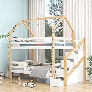 VSOGA Binnen- en uit bed komen, tweepersoonsbed, kinderbed in huisvorm, ladderkast, grenenhout, huisbed voor kinderen, op kleur afgestemd, 90 x 200 cm, zonder matras, wit en houtkleur