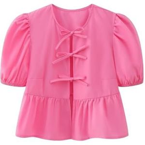 Vrouwen Tie Front Tops Puff Sleeve Babydoll Shirts Y2K Leuke Ruffle Peplum Uitgaan Top Blouse Trendy Kleding (Color : Rose C, Size : Large)